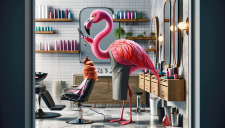 A flamingo stands as a hairdresser, styling a wig in a modern salon setting.の素材