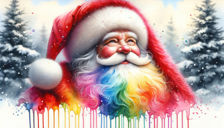 Artistic rendition of Santa Claus with a vibrant, rainbow-colored beard against a snowy backdrop.の素材
