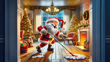Santa Claus mops the floor in a festive room with a decorated Christmas tree and a cozy fireplace.の素材