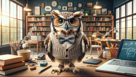 An anthropomorphized owl dressed in a sweater and glasses stands in a cozy library setting, exuding an air of wisdom and studiousness.の素材