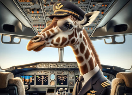 A giraffe dressed as a pilot in an airplane cockpit, showcasing a humorous and surreal scene.の素材