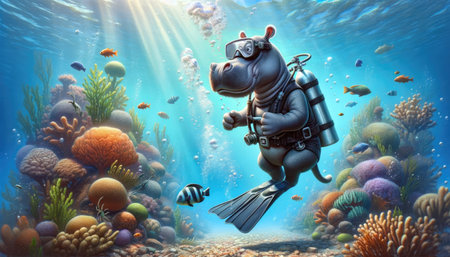 An animated hippo in scuba gear explores a vibrant underwater coral reef.の素材