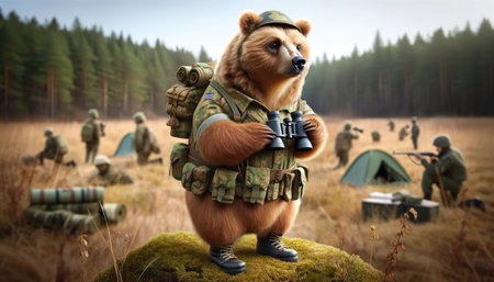 A bear dressed in military gear stands with binoculars, surrounded by human soldiers in a training camp.の素材