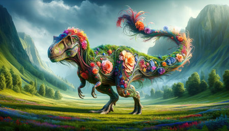 A vibrant dinosaur adorned with flowers strides through a lush, colorful valley.の素材
