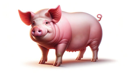 A digitally created pink pig with a realistic appearance stands isolated on a white background.の素材