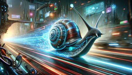 A snail with futuristic enhancements speeds along a vibrant, neon-lit cityscape.の素材