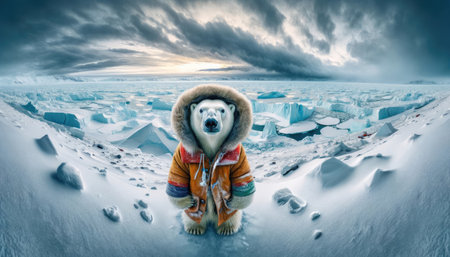A whimsical image of a polar bear dressed in a human jacket, standing upright in a snowy Arctic environment.の素材