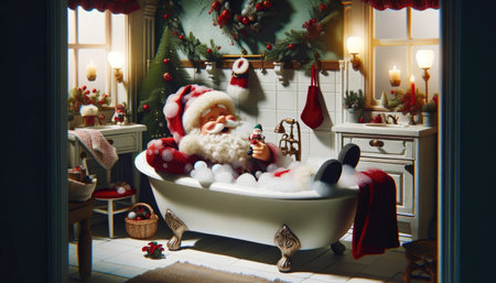 Santa Claus enjoys a relaxing bath amidst festive decorations, holding a miniature version of himself.の素材