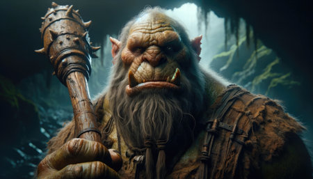 A lifelike fantasy troll holding a spiked club, exuding a menacing aura in a dark, misty environment.の素材