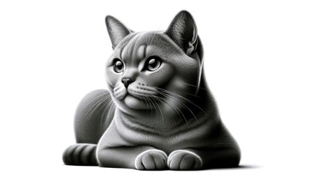 Stylized digital artwork of a cat with a detailed fur texture and expressive eyes, isolated on a white background.の素材