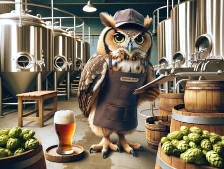 An anthropomorphic owl in a brewery, wearing a cap and apron, holds a clipboard. Stainless steel tanks and hops in the background.の素材