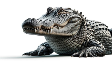 Close-up of an alligator's head and upper body, showcasing its textured scales and sharp teeth, isolated on a white background.の素材