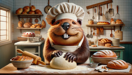A whimsical beaver dressed as a chef kneads dough in a cozy bakery setting, surrounded by freshly baked bread.の素材