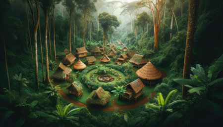 A serene village nestled in a lush jungle clearing, showcasing traditional thatched huts encircling a central garden.の素材