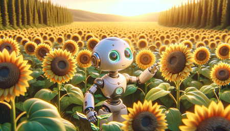 A small robot explores a sunflower field, touching a flower gently, with a look of curiosity.の素材