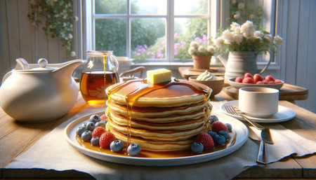 A stack of pancakes topped with butter and syrup, surrounded by fresh berries, on a rustic table.の素材