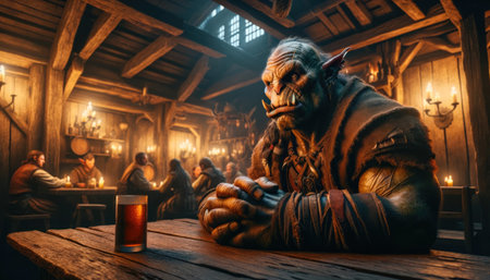 Orc sitting in a tavern. A digital artwork of an orc character sitting at a wooden table in a medieval-style tavern with humans in the background.の素材