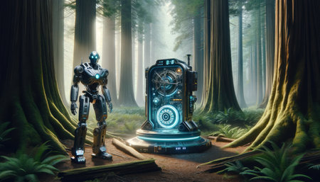 A futuristic robot stands beside a time machine in an ancient forest, evoking a blend of technology and nature.の素材