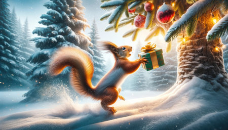 A squirrel holds a gift beside a decorated tree in a snowy landscape.の素材