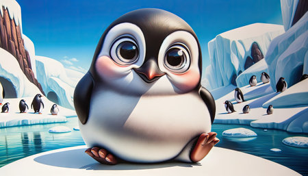 A cartoon penguin with oversized eyes and a cute expression stands out in a stylized icy landscape.の素材
