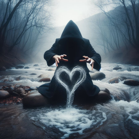 The concept of the image is love and mysticism. A cloaked figure forms a heart shape with water in a misty, riverine setting.の素材