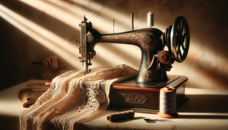 An antique sewing machine bathed in warm light, evoking a sense of history and craftsmanship. The concept of the image is nostalgia and vintage craft.の素材