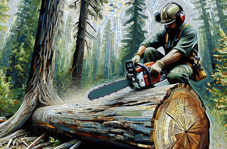 A lumberjack with a chainsaw cuts a large tree in a forest, depicted in a mosaic art style.の素材