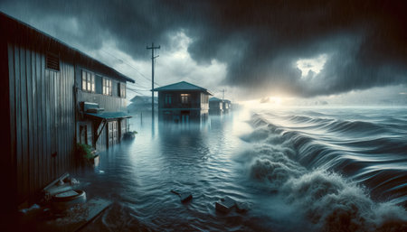 A haunting image of a coastal town submerged by floodwaters under a stormy sky, with waves crashing and rain pouring down.の素材