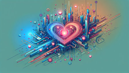 Vibrant illustration of a neon-lit heart amidst an abstract cityscape, radiating love and energy.の素材