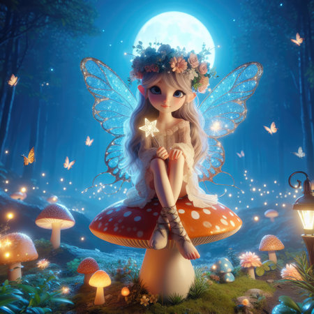 A fairy with delicate wings rests on a mushroom under a moonlit sky, surrounded by glowing flora and fauna.の素材