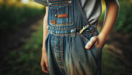 A boy in overalls with a snake peeking from his pocket stands in a natural setting.の素材