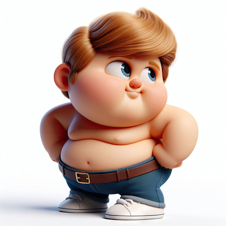 Animated chubby boy posing with hands on hips. The character displays a confident stance with a playful expression.の素材