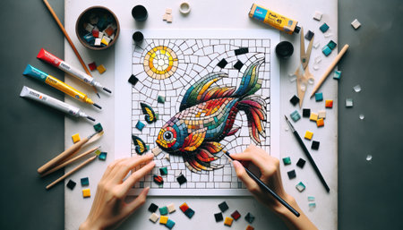A person is meticulously assembling a colorful mosaic fish design, surrounded by art supplies on a table. The image captures the essence of creativity and the detailed craft of mosaic art.の素材