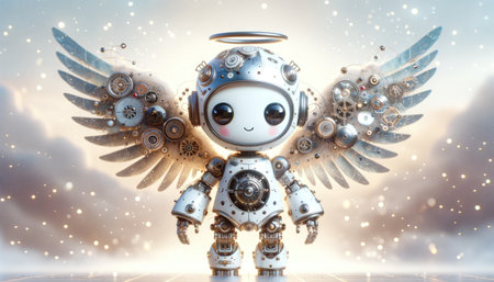A whimsical robot with angelic wings and a halo exudes charm and futuristic vibes. The mechanical cherub smiles against a dreamy cloud backdrop.の素材