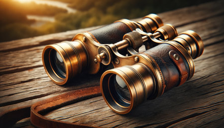 Vintage brass binoculars rest on a wooden table, evoking a sense of adventure and exploration. The craftsmanship and classic design suggest a bygone era of discovery.の素材
