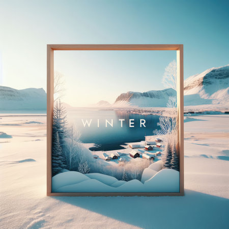 A serene winter scene with snow-covered cabins by a frozen lake, surrounded by mountains under a clear blue sky. The image conveys the tranquil beauty of a remote, snowy landscape.の素材