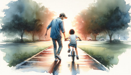 A tender moment of a father teaching his child to ride a bike in a serene park setting, captured in a watercolor painting.の素材