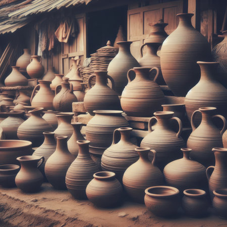 A collection of traditional pottery pieces, showcasing the art of ceramics and the beauty of handcrafted items. The image captures a variety of shapes and sizes, emphasizing the skill of the potter.の素材