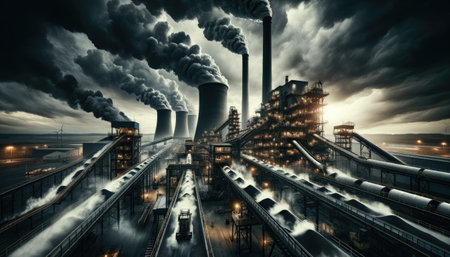 Industrial power plant with smokestacks emitting smoke against a dramatic sky, highlighting environmental and energy themes.の素材