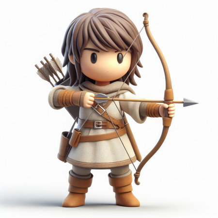 An animated female archer character is poised with a bow and arrow, exemplifying focus and skill in a stylized form. The figure is isolated on a white background, highlighting its detailed design and craftsmanship.の素材