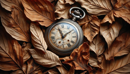 Antique Pocket Watch Surrounded by Autumn Leavesの素材