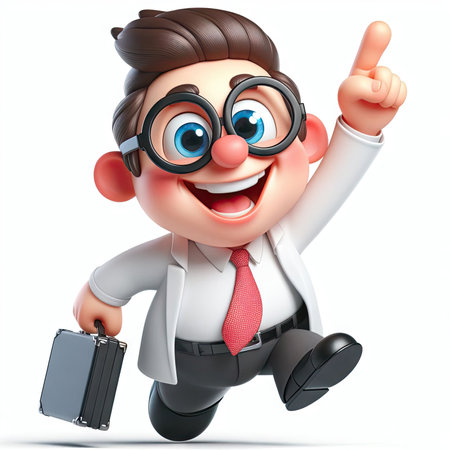 A smiling cartoon businessman with glasses and a briefcase points enthusiastically, embodying motivation and success in a professional setting.の素材