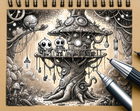 Two robots and an alien collaborate to build a whimsical treehouse in a detailed, surreal extraterrestrial forest. The image conveys themes of teamwork, innovation, and the blending of technology with nature.の素材