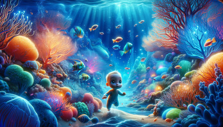 A baby explores a magical underwater world, surrounded by a vibrant coral kingdom and colorful sea life. This digital art piece captures the essence of oceanic wonder and discovery.の素材
