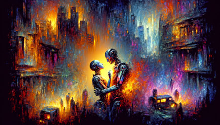 Two robots share a tender moment amidst a vivid, expressionist urban backdrop, highlighting a blend of technology and emotion.の素材
