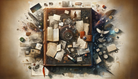 An artistic depiction of a book exploding with ideas and history, symbolizing the boundless nature of human creativity and knowledge.の素材