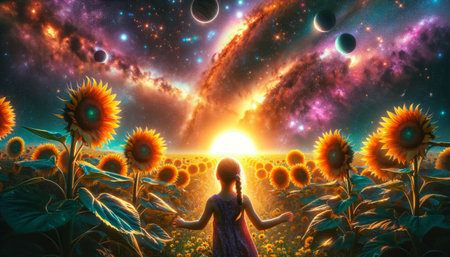 A young girl stands amidst a field of sunflowers against a stunning cosmic backdrop, evoking a sense of wonder and exploration. The image blends the beauty of nature with the vastness of space in a surreal, sci-fi setting.の素材