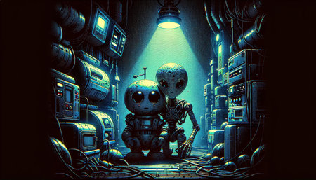 Two otherworldly companions share a moment in the glow of a high-tech space station. The scene blends friendship with a touch of the unknown.の素材