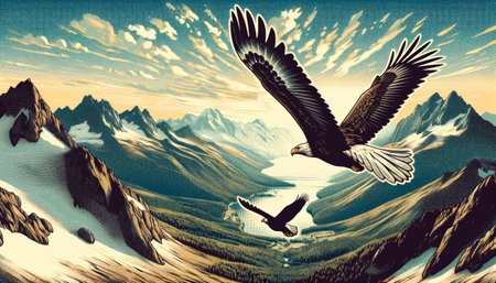 Two eagles glide gracefully above a picturesque mountain range, captured in a stylized halftone art print.の素材