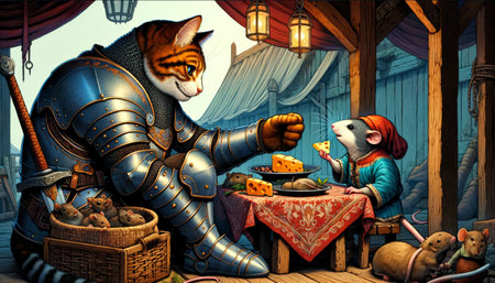A cat in knight's armor shares a meal with a mouse, depicting an unlikely bond and generous spirit.の素材